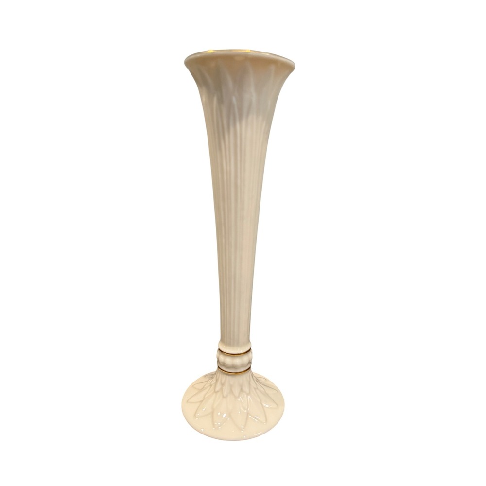 Lenox Ivory Fine China Bud Vase 24k Gold Trim Fluted Leaf Base 9.25" USA Made